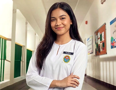 PROJEK HIGH SCHOOL artwork showing a student in a white uniform in a school corridor, by Allif Hanafi